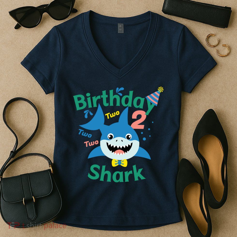 Birthday Shark Two Two Two 2nd Birthday Party Women's V-Neck T-Shirt