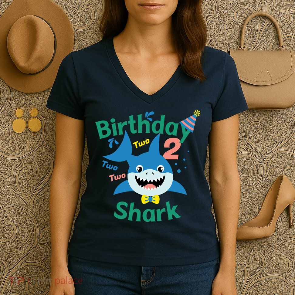 Birthday Shark Two Two Two 2nd Birthday Party Women's V-Neck T-Shirt