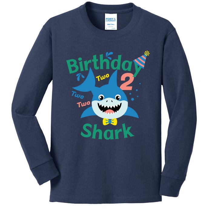 Birthday Shark Two Two Two 2nd Birthday Party Kids Long Sleeve Shirt