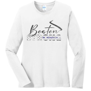 Boston Strong Thin Blue Line US Flag Ladies Long Sleeve Shirt