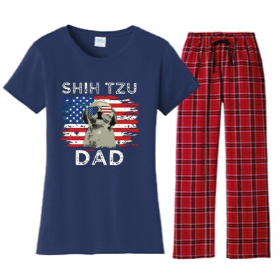 Best Shih Tzu Dad Ever American Flag 4th Of July Father Day Women's Flannel Pajama Set