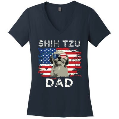 Best Shih Tzu Dad Ever American Flag 4th Of July Father Day Women's V-Neck T-Shirt