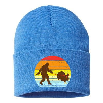 Bigfoot Sasquatch Turkey Sunset Retro Thanksgiving Day Gift Sustainable Knit Beanie