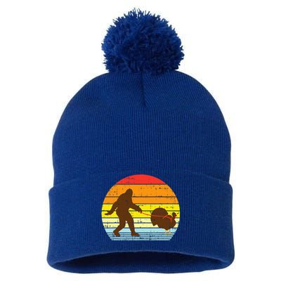 Bigfoot Sasquatch Turkey Sunset Retro Thanksgiving Day Gift Pom Pom 12in Knit Beanie