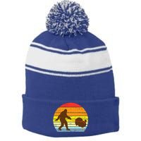 Bigfoot Sasquatch Turkey Sunset Retro Thanksgiving Day Gift Stripe Pom Pom Beanie