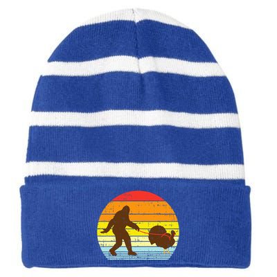 Bigfoot Sasquatch Turkey Sunset Retro Thanksgiving Day Gift Striped Beanie with Solid Band