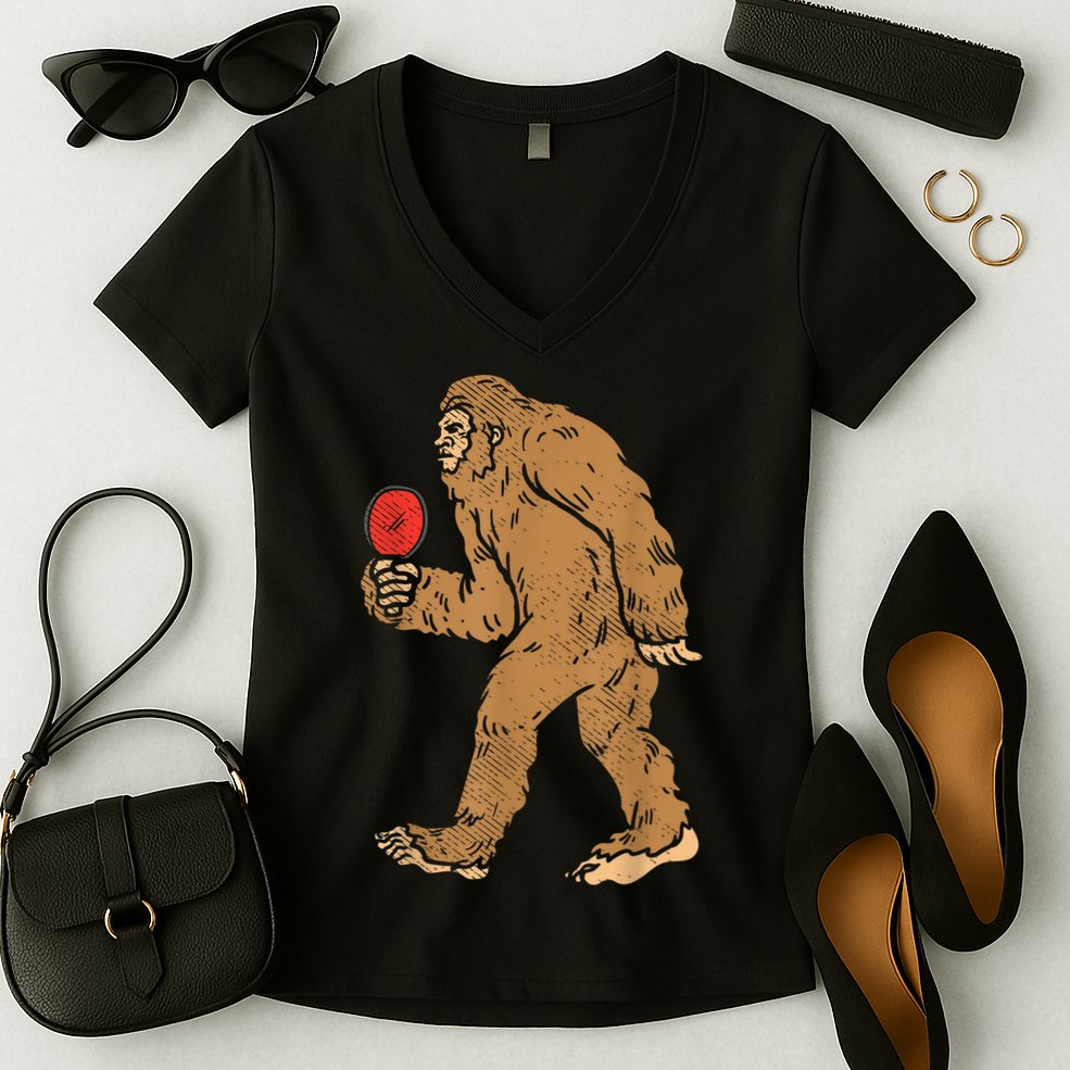 Bigfoot Sasquatch Table Tennis Ping Pong Player King Women's V-Neck T-Shirt