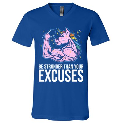 Be Stronger Than Your Excuses Motivation Unicorn Fitness Gym Cool Gift V-Neck T-Shirt