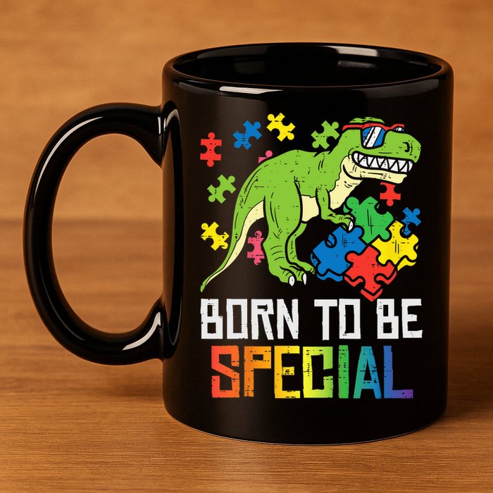 Born Special Trex Puzzle Dino Boy Autism Awareness 11oz C Handle Ceramic Mug