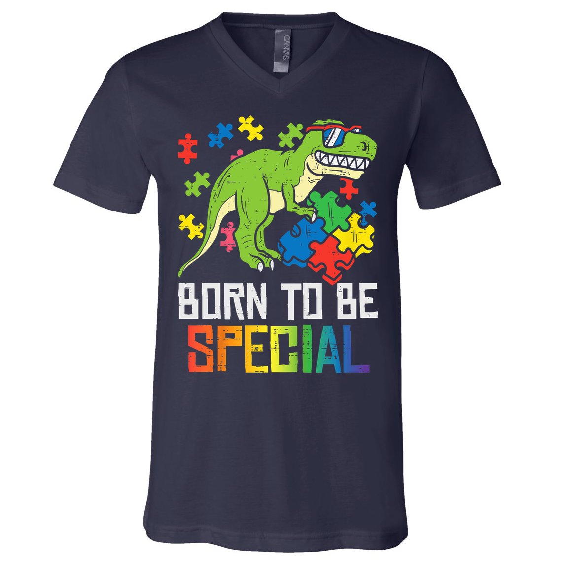 Born Special Trex Puzzle Dino Boy Autism Awareness V-Neck T-Shirt