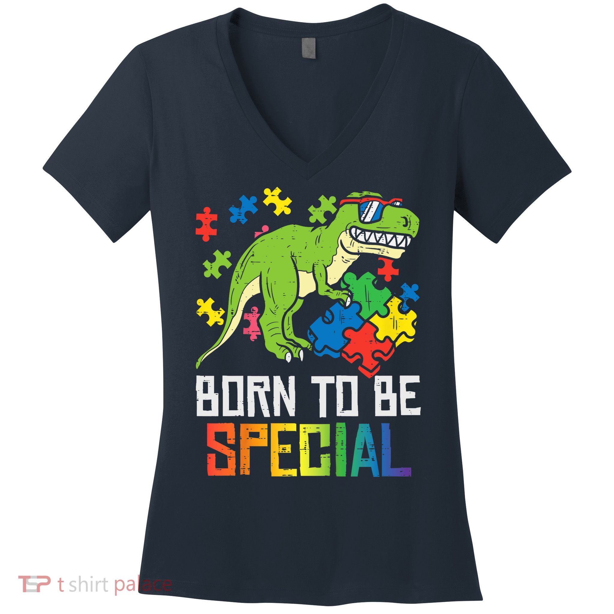 Born Special Trex Puzzle Dino Boy Autism Awareness Women's V-Neck T-Shirt