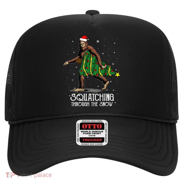 Bigfoot Squatching Through The Snow Christmas Tree Sasquatch High Crown Mesh Back Trucker Hat
