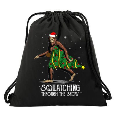 Bigfoot Squatching Through The Snow Christmas Tree Sasquatch Drawstring Bag