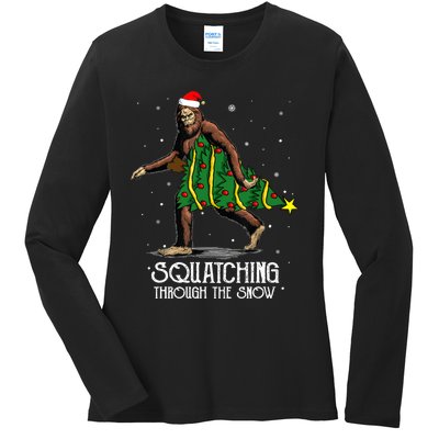 Bigfoot Squatching Through The Snow Christmas Tree Sasquatch Ladies Long Sleeve Shirt