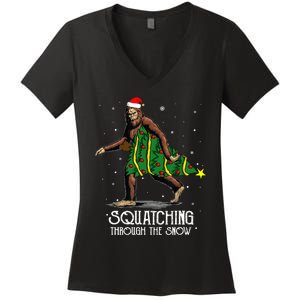 Bigfoot Squatching Through The Snow Christmas Tree Sasquatch Women's V-Neck T-Shirt