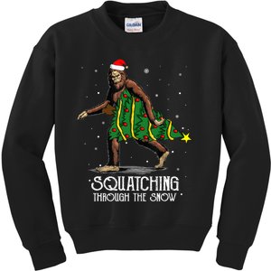 Bigfoot Squatching Through The Snow Christmas Tree Sasquatch Kids Sweatshirt