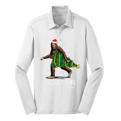 Bigfoot Squatching Through The Snow Christmas Tree Sasquatch Silk Touch Performance Long Sleeve Polo