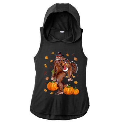 Bigfoot Sasquatch Turkey Pumpkin Happy Thanksgiving Day Ladies PosiCharge Tri-Blend Wicking Draft Hoodie Tank