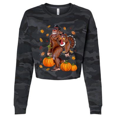 Bigfoot Sasquatch Turkey Pumpkin Happy Thanksgiving Day Cropped Pullover Crew