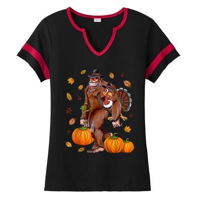 Bigfoot Sasquatch Turkey Pumpkin Happy Thanksgiving Day Ladies Halftime Notch Neck Tee