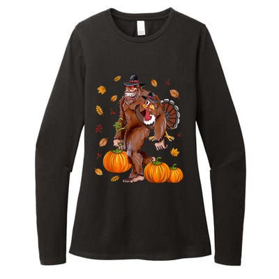 Bigfoot Sasquatch Turkey Pumpkin Happy Thanksgiving Day Womens CVC Long Sleeve Shirt