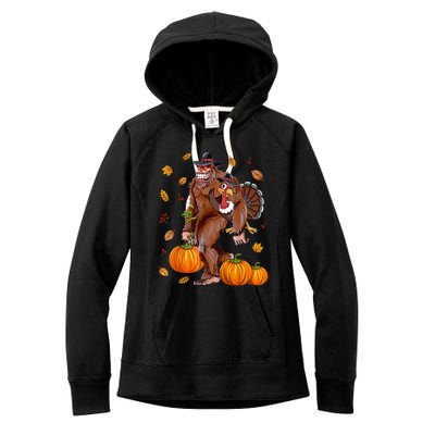 Bigfoot Sasquatch Turkey Pumpkin Happy Thanksgiving Day Women's Fleece Hoodie