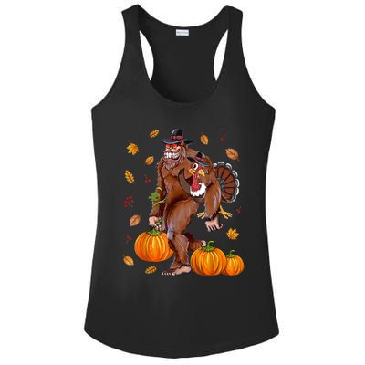 Bigfoot Sasquatch Turkey Pumpkin Happy Thanksgiving Day Ladies PosiCharge Competitor Racerback Tank