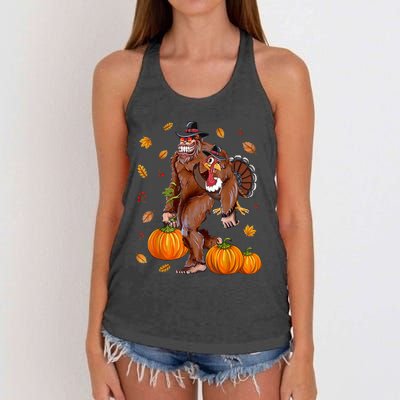 Bigfoot Sasquatch Turkey Pumpkin Happy Thanksgiving Day Women's Knotted Racerback Tank