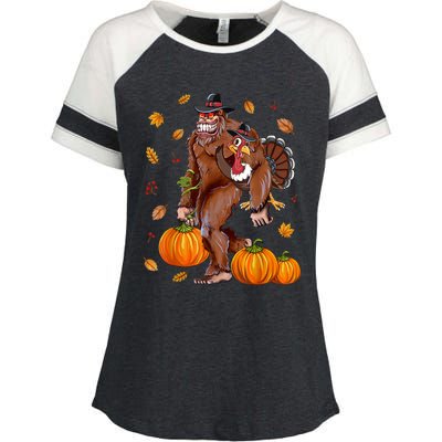 Bigfoot Sasquatch Turkey Pumpkin Happy Thanksgiving Day Enza Ladies Jersey Colorblock Tee