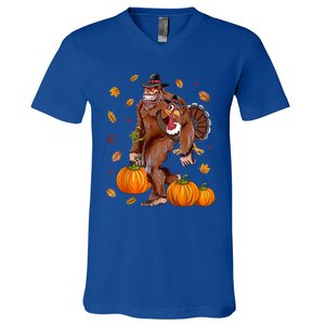 Bigfoot Sasquatch Turkey Pumpkin Happy Thanksgiving Day V-Neck T-Shirt