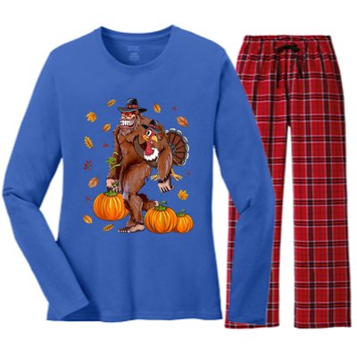 Bigfoot Sasquatch Turkey Pumpkin Happy Thanksgiving Day Women's Long Sleeve Flannel Pajama Set 