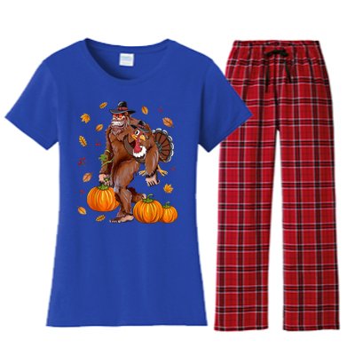 Bigfoot Sasquatch Turkey Pumpkin Happy Thanksgiving Day Women's Flannel Pajama Set