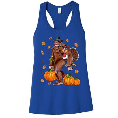 Bigfoot Sasquatch Turkey Pumpkin Happy Thanksgiving Day Women's Racerback Tank