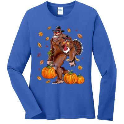 Bigfoot Sasquatch Turkey Pumpkin Happy Thanksgiving Day Ladies Long Sleeve Shirt