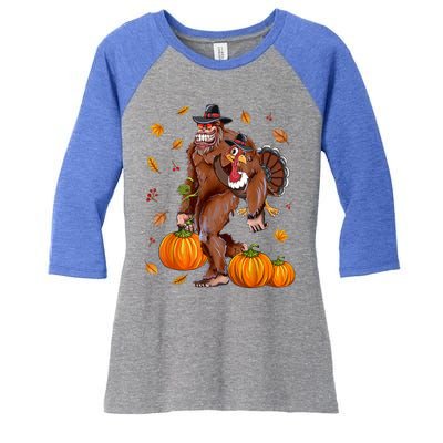 Bigfoot Sasquatch Turkey Pumpkin Happy Thanksgiving Day Women's Tri-Blend 3/4-Sleeve Raglan Shirt