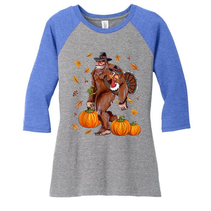 Bigfoot Sasquatch Turkey Pumpkin Happy Thanksgiving Day Women's Tri-Blend 3/4-Sleeve Raglan Shirt