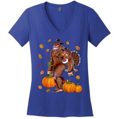 Bigfoot Sasquatch Turkey Pumpkin Happy Thanksgiving Day Women's V-Neck T-Shirt