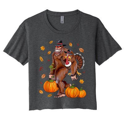 Bigfoot Sasquatch Turkey Pumpkin Happy Thanksgiving Day Women's Crop Top Tee