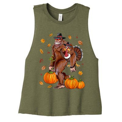 Bigfoot Sasquatch Turkey Pumpkin Happy Thanksgiving Day Women's Racerback Cropped Tank