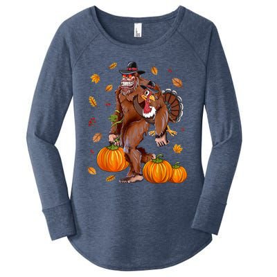 Bigfoot Sasquatch Turkey Pumpkin Happy Thanksgiving Day Women's Perfect Tri Tunic Long Sleeve Shirt