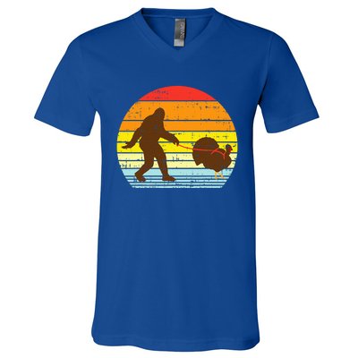 Bigfoot Sasquatch Turkey Sunset Retro Thanksgiving Day Gift V-Neck T-Shirt