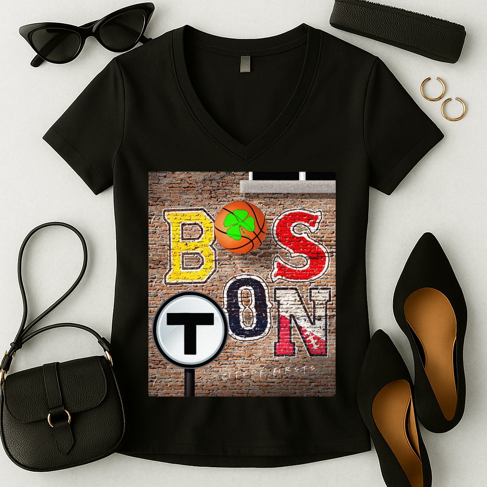 Boston Sports Teams Fan Football Baseball Hockey Basketball Women's V-Neck T-Shirt