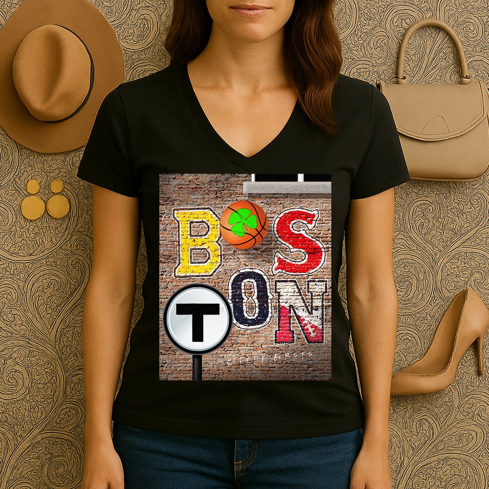 Boston Sports Teams Fan Football Baseball Hockey Basketball Women's V-Neck T-Shirt