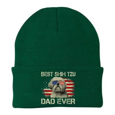 Best Shih Tzu Dad Ever Dog Lover American Flag Knit Cap Winter Beanie