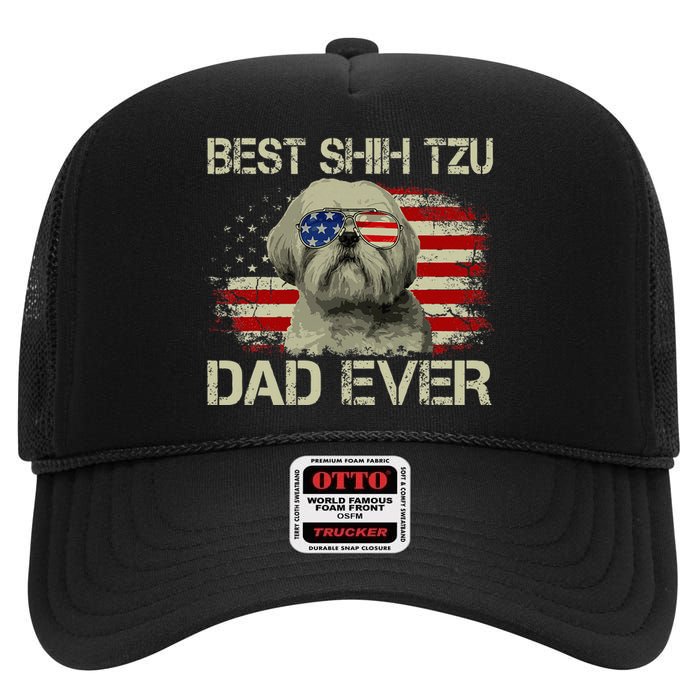 Best Shih Tzu Dad Ever Dog Lover American Flag High Crown Mesh Back Trucker Hat