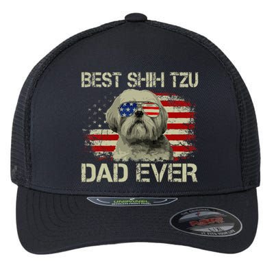 Best Shih Tzu Dad Ever Dog Lover American Flag Flexfit Unipanel Trucker Cap