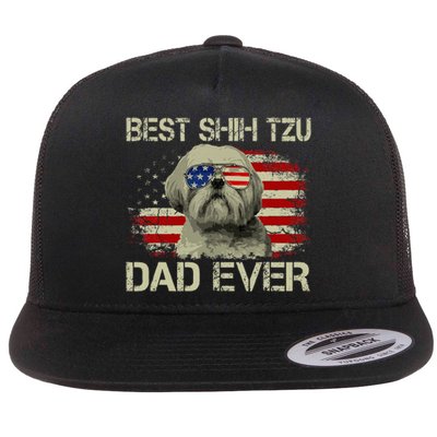 Best Shih Tzu Dad Ever Dog Lover American Flag Flat Bill Trucker Hat