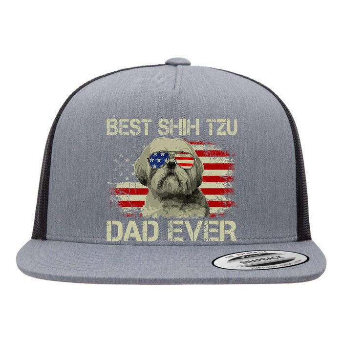 Best Shih Tzu Dad Ever Dog Lover American Flag Flat Bill Trucker Hat