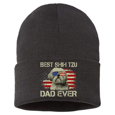 Best Shih Tzu Dad Ever Dog Lover American Flag Sustainable Knit Beanie