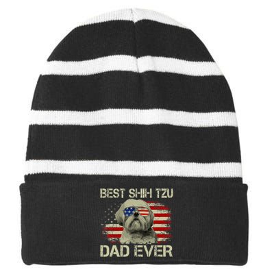 Best Shih Tzu Dad Ever Dog Lover American Flag Striped Beanie with Solid Band